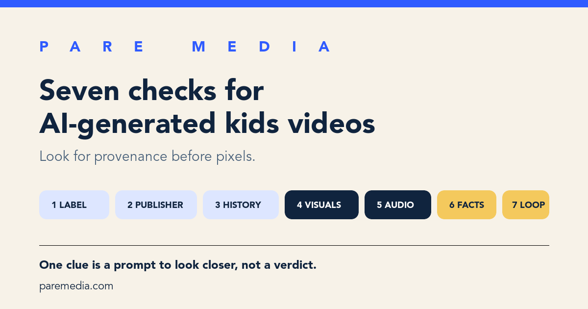 Seven review marks connect a video frame to its label, publisher, channel history, visuals, voice, facts, and repetition.
