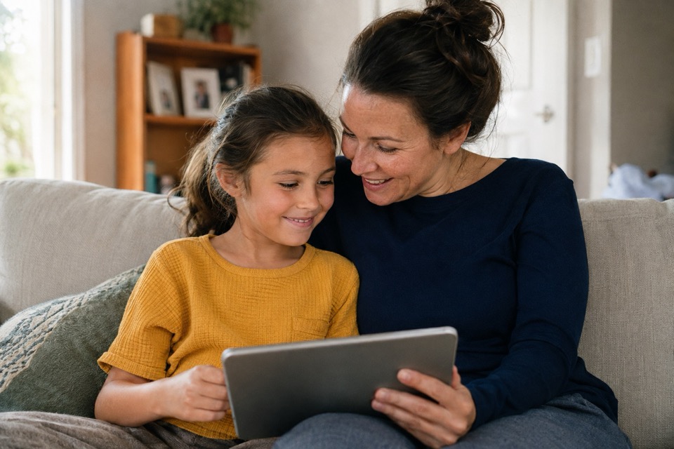 A parent and child sharing a curious moment over a tablet at home